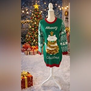 Green Meowy Christmas Sweater Dress